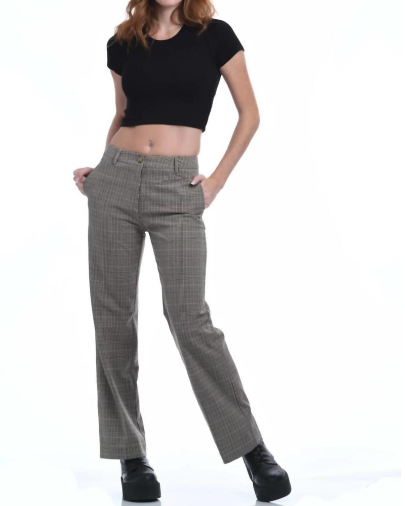 Front of a model wearing a size Large Junior Blake Ankle Length Pant in Plaid in Plaid by Katie J NYC. | dia_product_style_image_id:343180